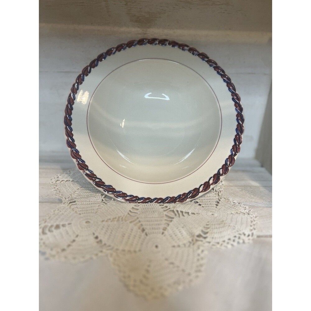 Vernon Kilns Monterey 9” Serving Bowl Plate Hand Painted Pottery Red Blue Border